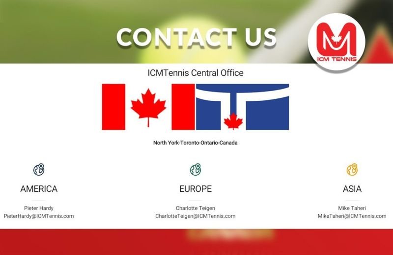 A contact graphic with the Canadian flag and ICM Tennis contacts in America, Europe and Asia.