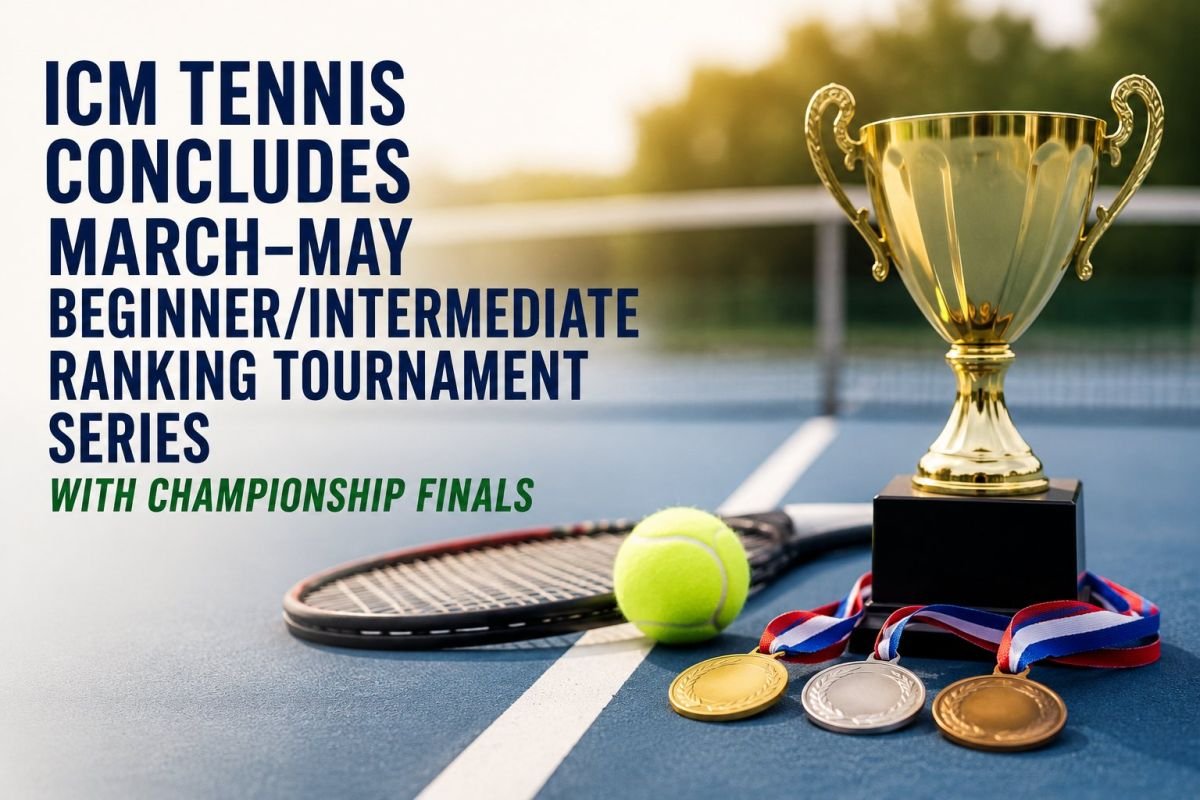 A gold trophy, a racquet, a ball and three medals on a blue hard court.