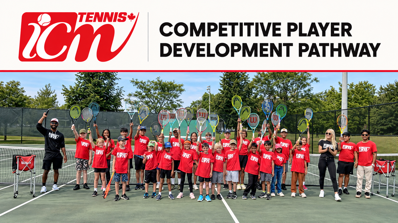 ICM Tennis Academy Competitive Player Development Pathway: players and coaches celebrating together on court
